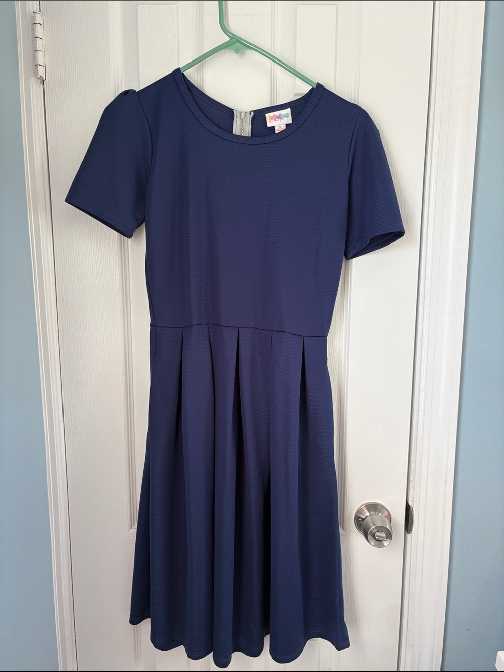 Navy Short-Sleeve Pleated Skater Dress